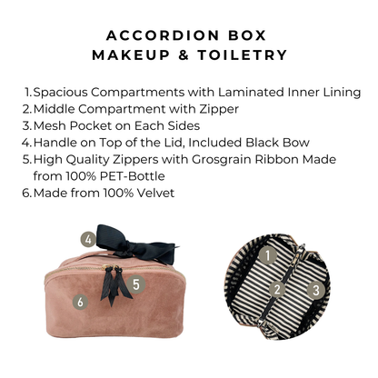 Bag-all Accordion Box Makeup & Toiletry in Pink Velvet. Features spacious compartments, mesh pockets, eco-friendly zippers, and velvet fabric