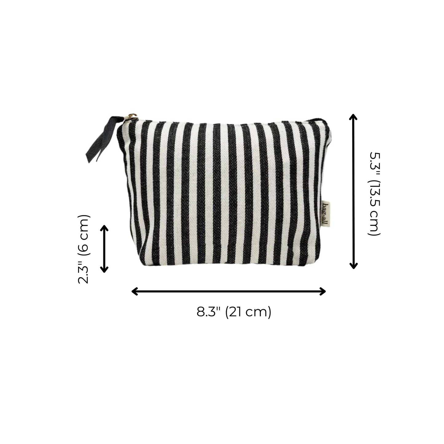 Bag-all Striped Makeup Pouch with pink waterproof lining - black and white cotton striped cosmetic case featuring gold zipper, compact size 8.3 x 5.3 inches for travel and vanity organization