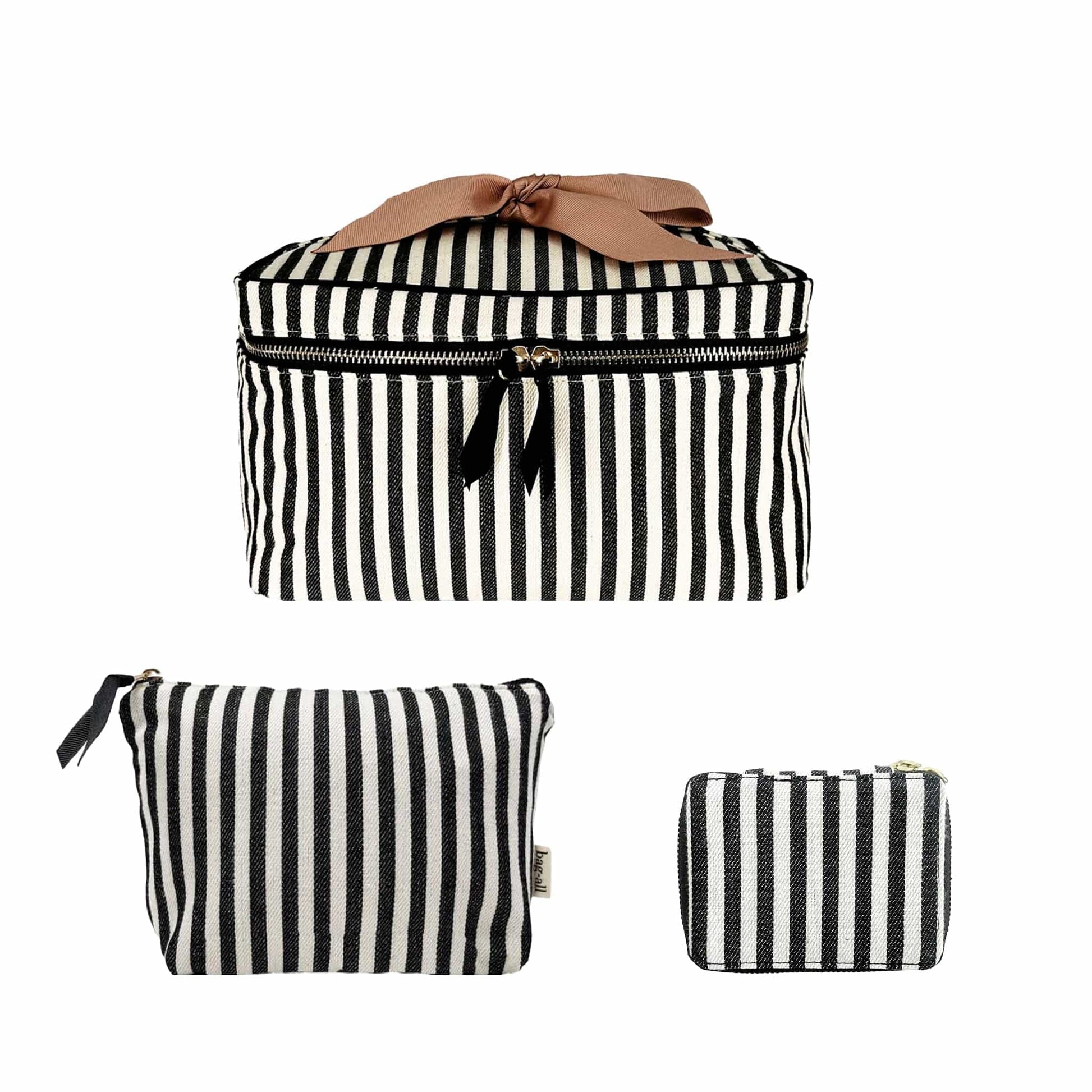 Bag-all Cutest Striped Travel Gift Set featuring black and white striped cotton makeup box, toiletry pouch, and pill case with brown bow accent, perfect for stylish organization on the go