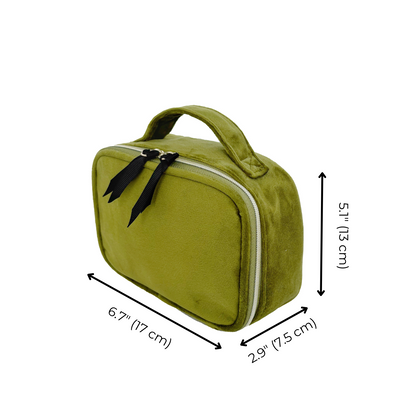 Bag-all Pill Box with Handle & Weekly Pill Organizer in luxurious green velvet, featuring compact design with zipper closure and measurements 6.7" x 5.1" x 2.9