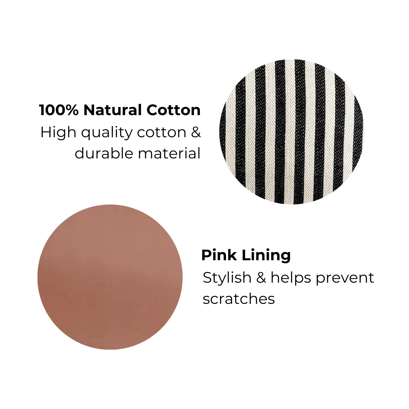 Bag-all Couture Jewelry Roll Medium featuring black and white striped cotton exterior with pink lining, displaying material swatches showing natural cotton texture and soft interior fabric