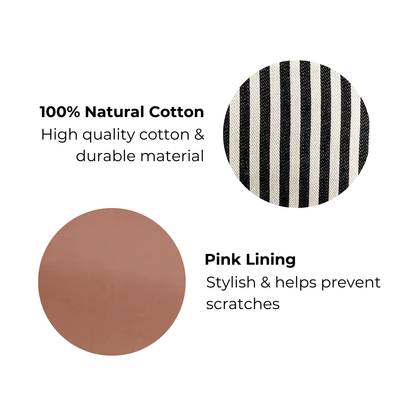 Bag-all Couture Jewelry Roll Medium featuring black and white striped cotton exterior with pink lining, displaying material swatches showing natural cotton texture and soft interior fabric