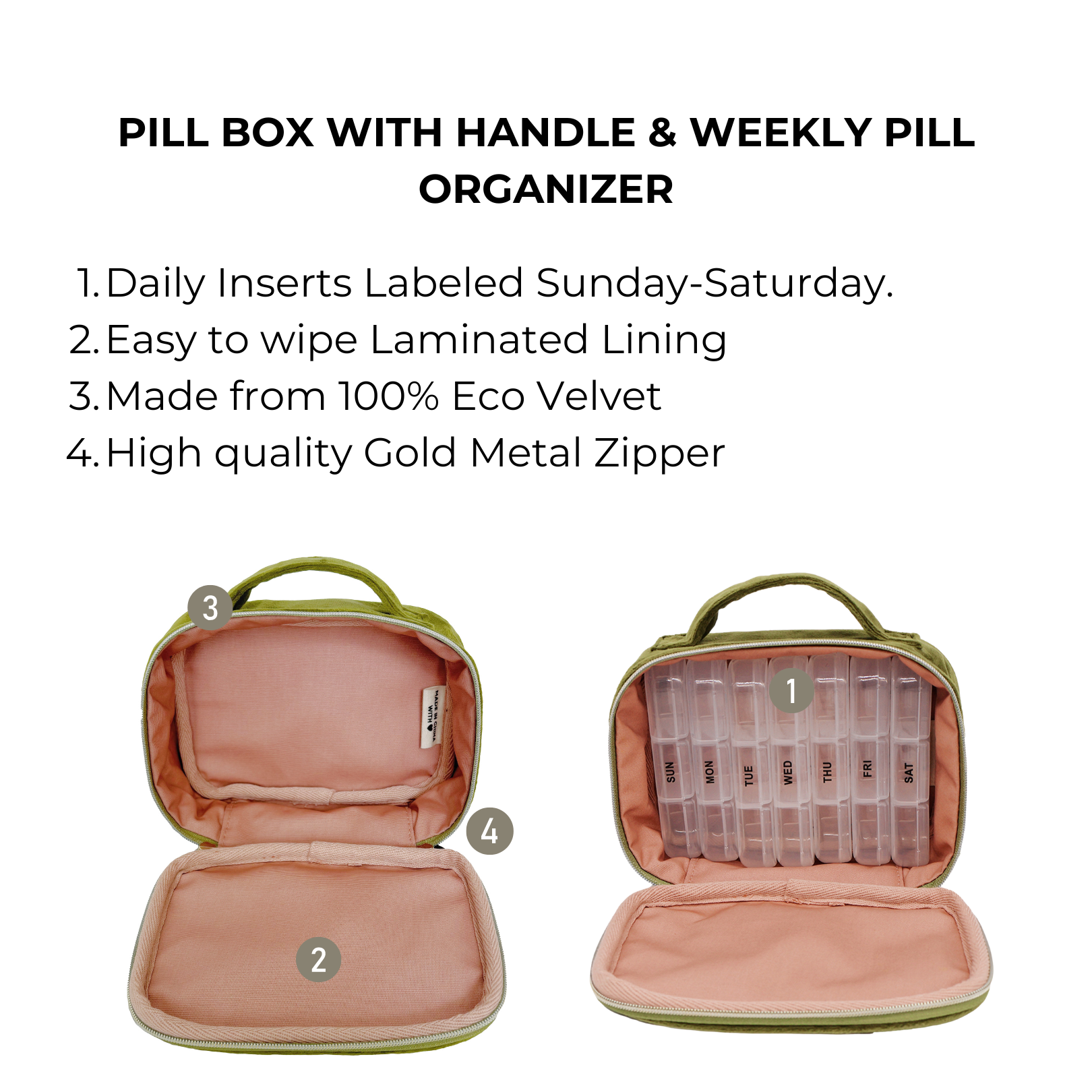 Bag-all Green Velvet Pill Box with Handle featuring weekly organizer, eco-friendly material, gold zipper, and laminated interior lining for organized medication storage