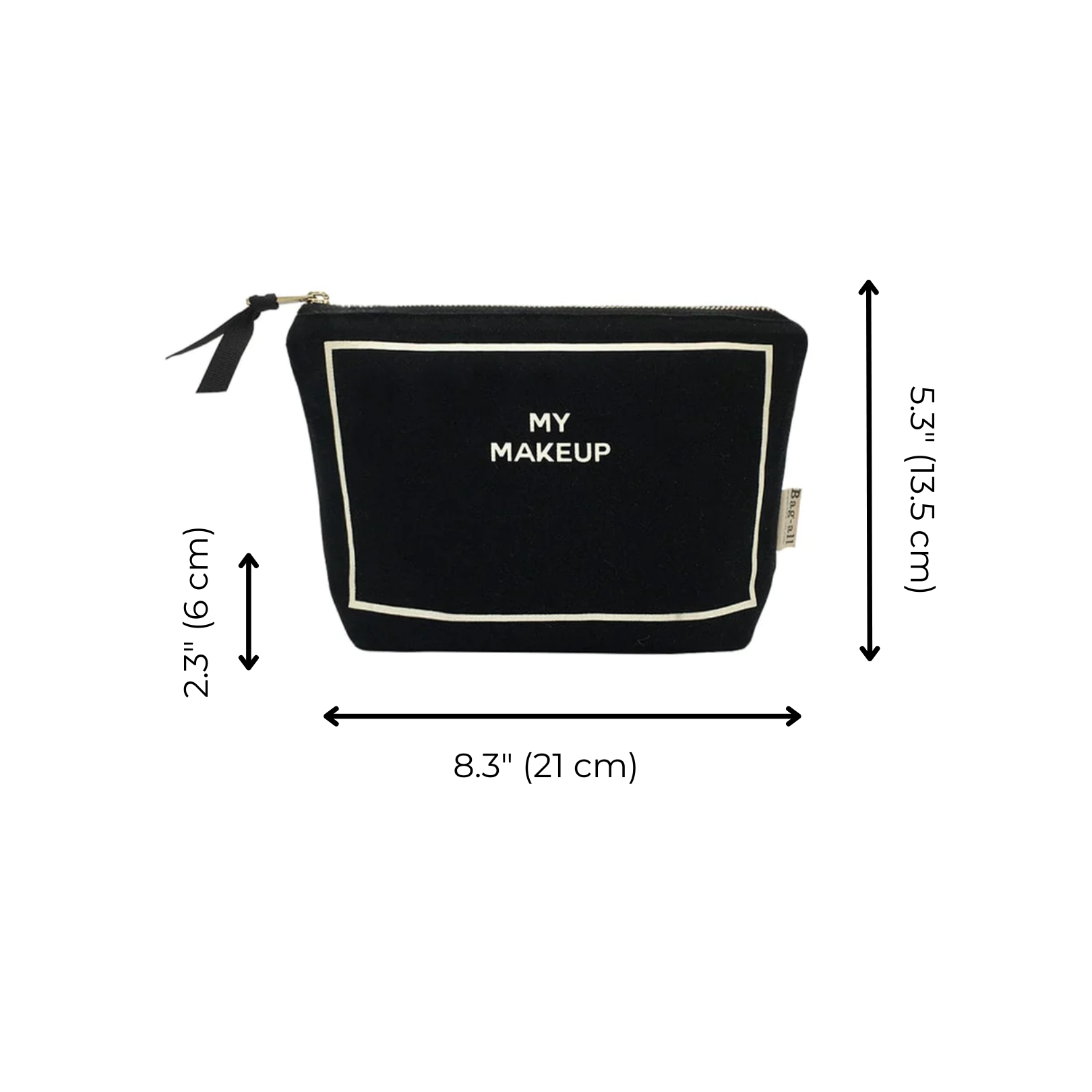 Bag-all My Makeup Pouch with waterproof coated lining in black canvas, featuring contrast trim and zip closure, sized 8.3x5.3 inches for essential beauty storage