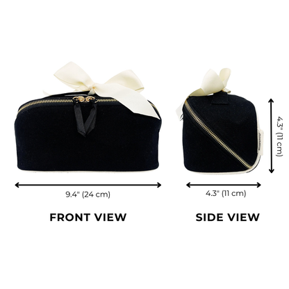 Bag-all Accordion Box Makeup & Toiletry in Black, front and side view. Compact 9.4” x 4.3” design with elegant bow and gold zipper