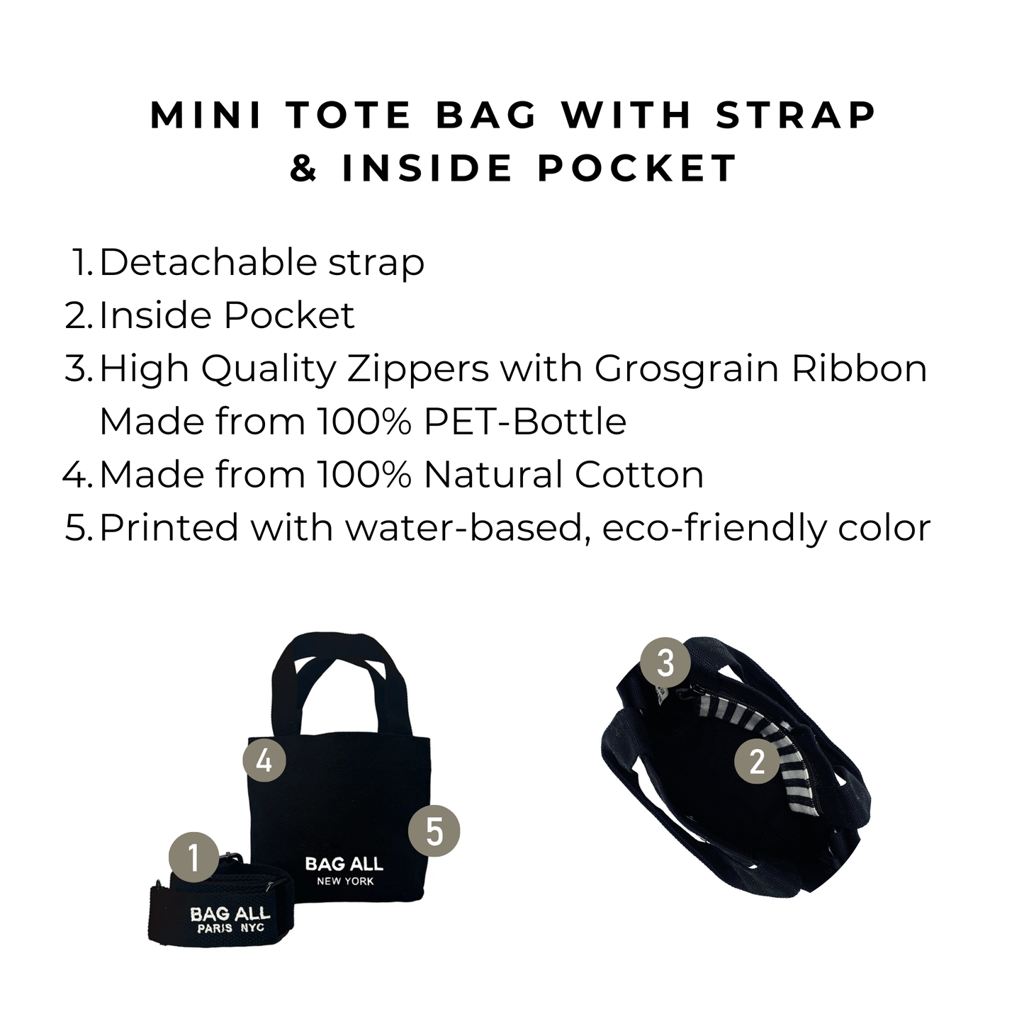 Mini Tote Bag with Strap and Inside Pocket, Black | Bag-all