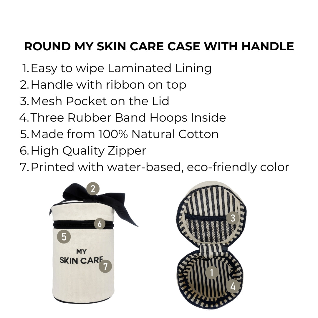 Bag-all Round Skin Care Case with Handle in natural cotton, featuring laminated lining, bow detail, mesh pocket, and rubber bands for secure storage. Eco-friendly striped organizing case.