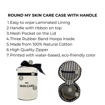 Bag-all Round Skin Care Case with Handle in natural cotton, featuring laminated lining, bow detail, mesh pocket, and rubber bands for secure storage. Eco-friendly striped organizing case.