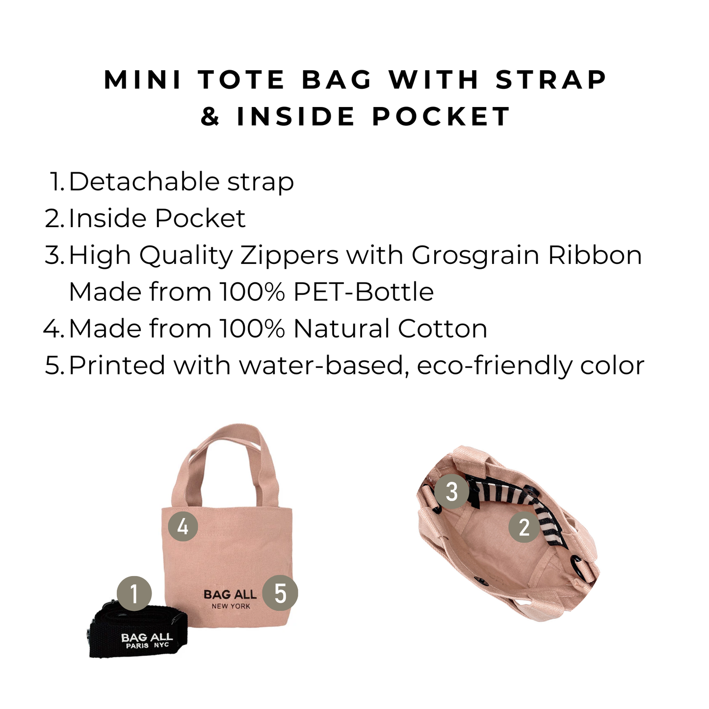 Mini Tote Bag with Strap and Inside Pocket, Pink/Blush | Bag-all