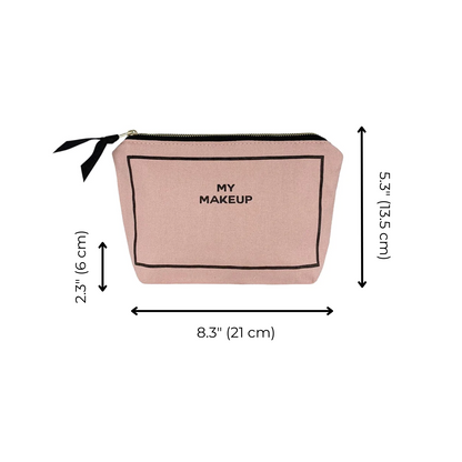 Bag-all My Makeup Pouch in blush pink with black border design, featuring gold zipper and coated interior. Compact size 8.3 x 5.3 inches for everyday beauty essentials.