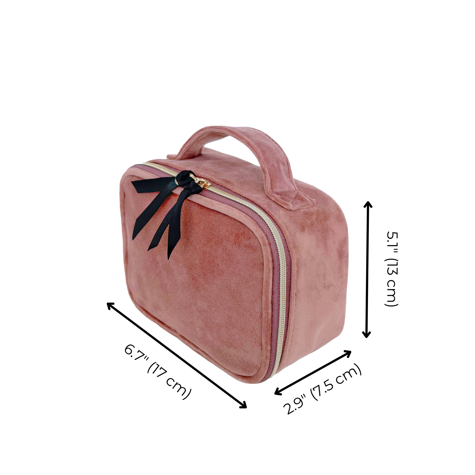 Bag-all Small Beauty Box in Pink Velvet with black bow detail, compact vanity case with handle, perfect for makeup and accessories storage, dimensions 6.7x2.9x5.1 inches