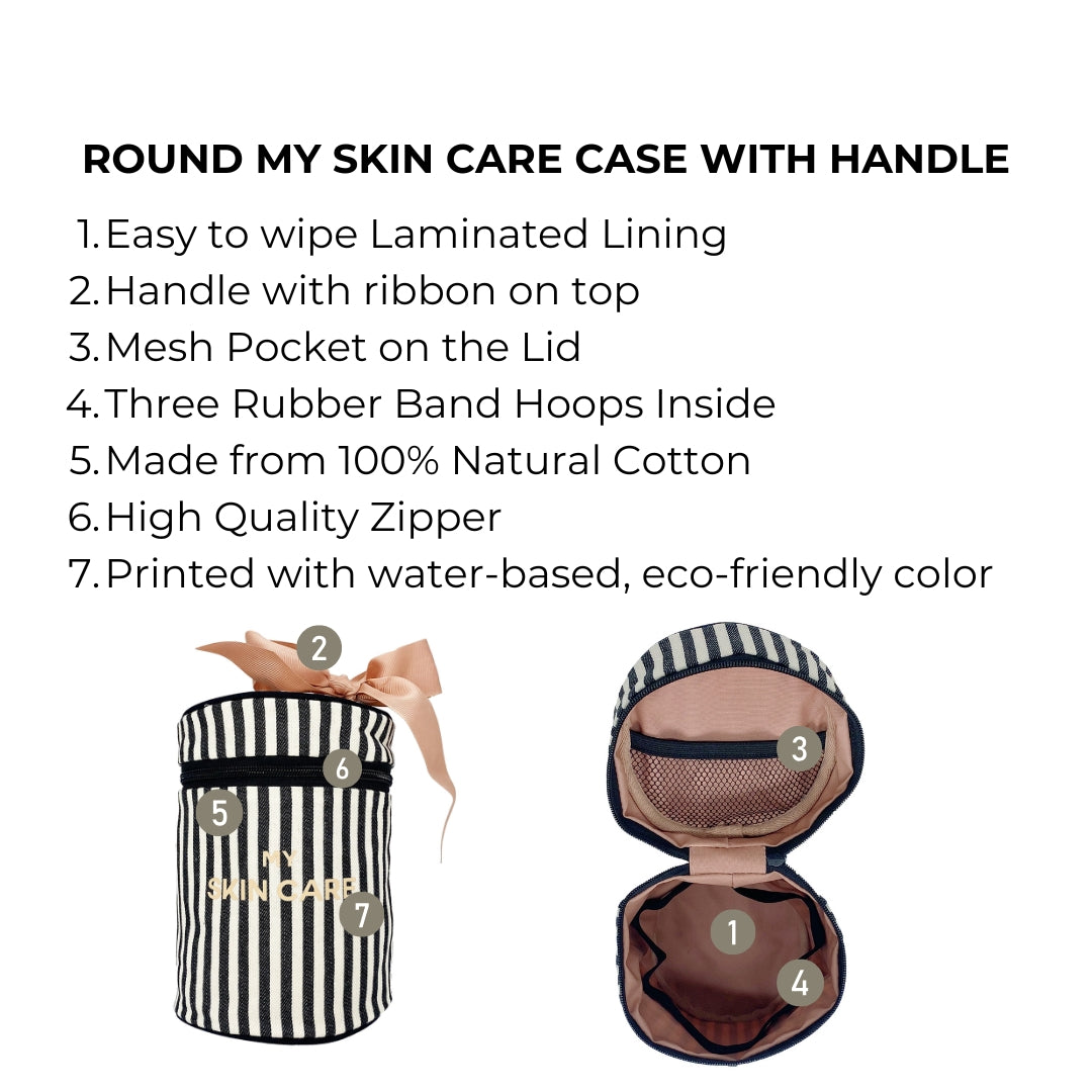 Bag-all Round Skin Care Case with Handle in black and white stripes, featuring laminated lining, mesh pocket, rubber bands, and decorative bow, made from eco-friendly cotton