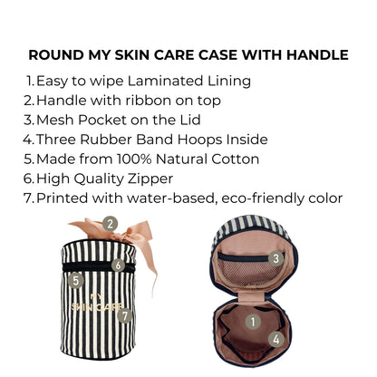 Bag-all Round Skin Care Case with Handle in black and white stripes, featuring laminated lining, mesh pocket, rubber bands, and decorative bow, made from eco-friendly cotton