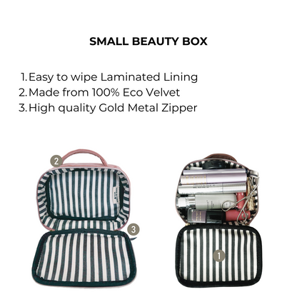 Bag-all Small Beauty Box Pink Velvet with striped interior lining, eco-friendly material, gold zipper, and handle for makeup and accessories storage, perfect for travel organization