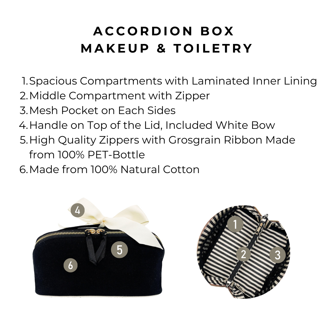 Bag-all Accordion Box Makeup & Toiletry in Black. Features spacious compartments, mesh pockets, eco-friendly zippers, and cotton fabric