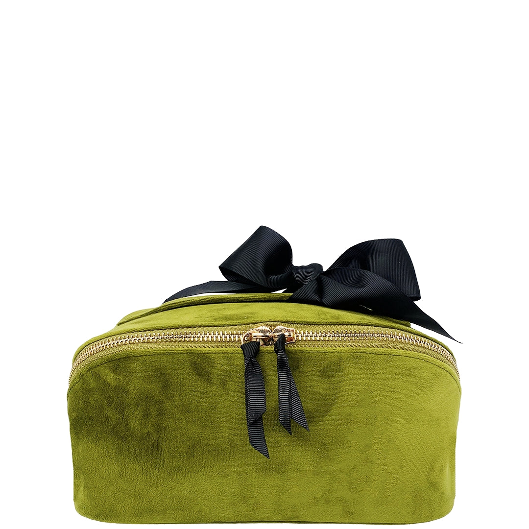 Bag-all Accordion Box Makeup & Toiletry in Green Velvet. Elegant travel organizer with gold zippers and a black ribbon for a chic touch