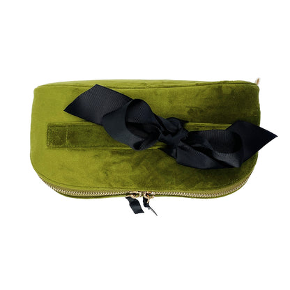 Bag-all Accordion Box Makeup & Toiletry in Green Velvet, elegantly folded with a black ribbon. Compact, stylish, and perfect for travel organization