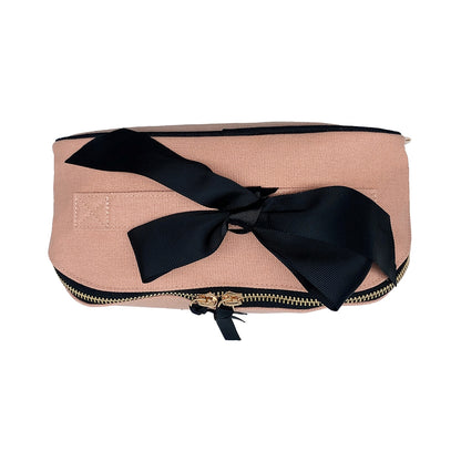 Bag-all Accordion Box Makeup & Toiletry in Pink/Blush, elegantly folded with a black ribbon. Compact, stylish, and perfect for travel organization