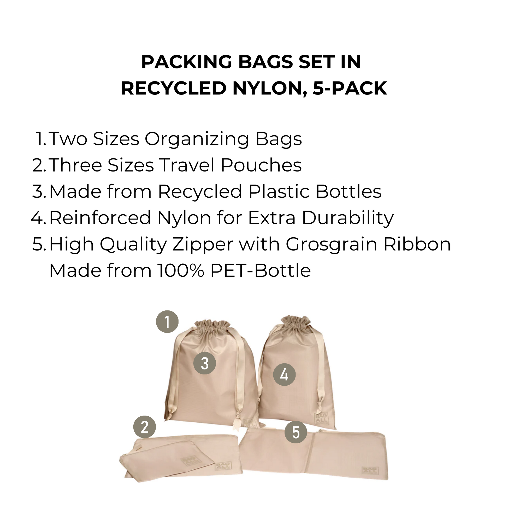 Bag-all recycled nylon packing set in taupe featuring 5 organizing bags - 2 travel pouches and 3 packing cases made from sustainable PET bottles with durable zippers and grosgrain ribbon