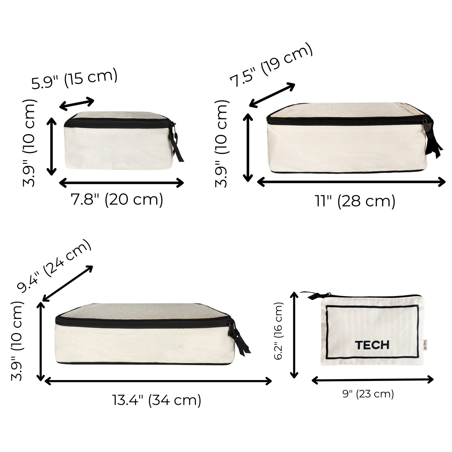 Bag-all BA Travel Set, 8-Pack in Cream with dimensions. Includes packing cubes and tech pouch for organized and efficient packing