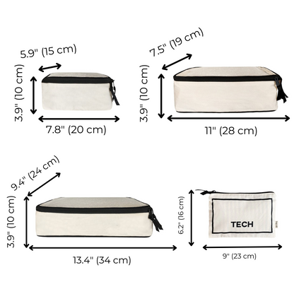 Bag-all BA Travel Set, 8-Pack in Cream with dimensions. Includes packing cubes and tech pouch for organized and efficient packing