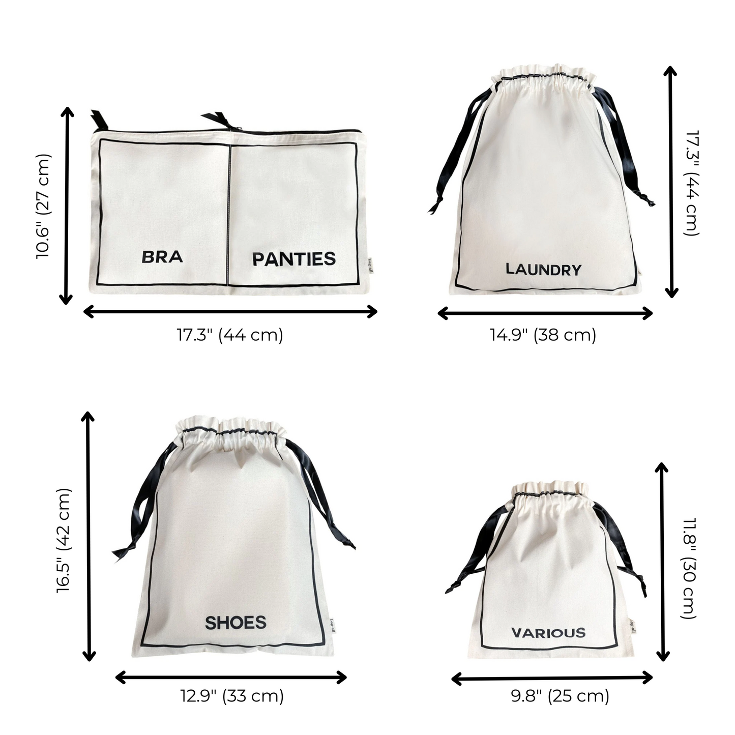 Bag-all BA Travel Set, 8-Pack in Cream with dimensions. Includes laundry, shoe, socks, unders, and various pouches for organized travel