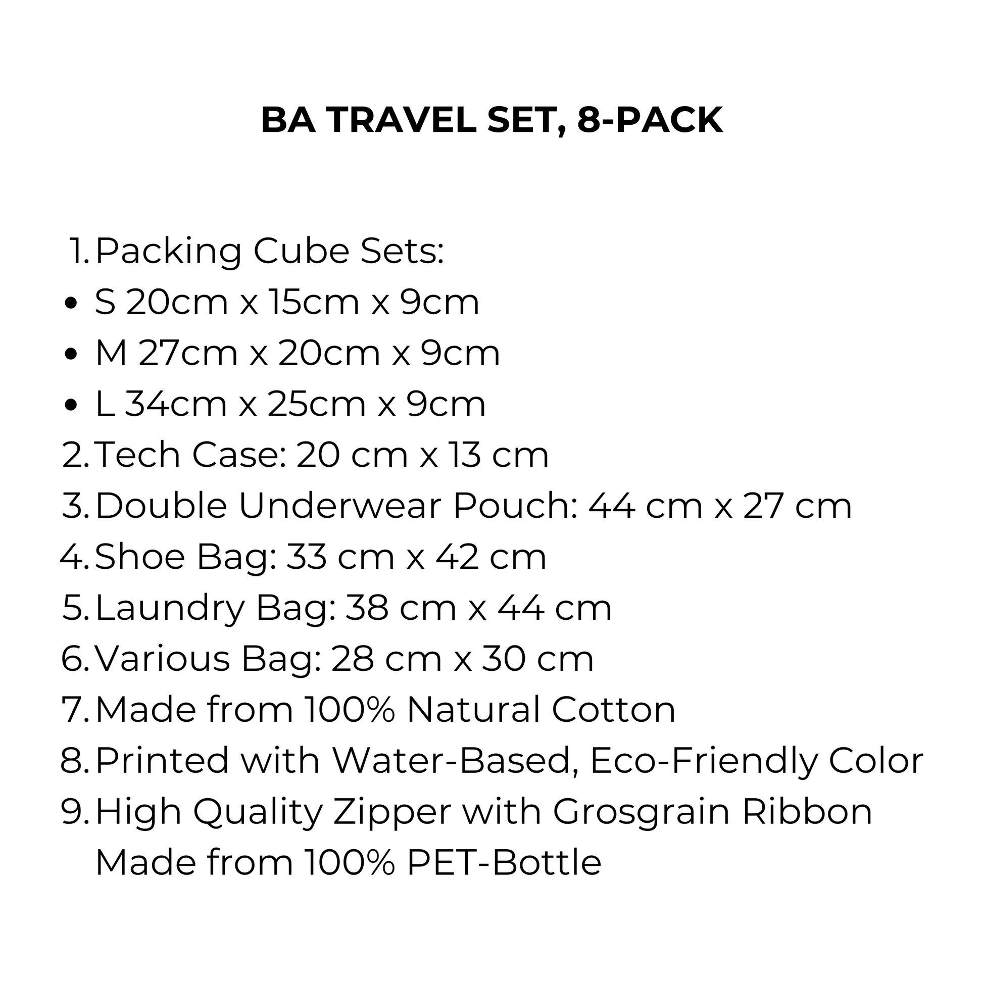 Bag-all BA Travel Set, 8-Pack details. Includes packing cubes, tech case, underwear pouch, shoe, laundry, and various bags in natural cotton