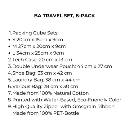 Bag-all BA Travel Set, 8-Pack details. Includes packing cubes, tech case, underwear pouch, shoe, laundry, and various bags in natural cotton