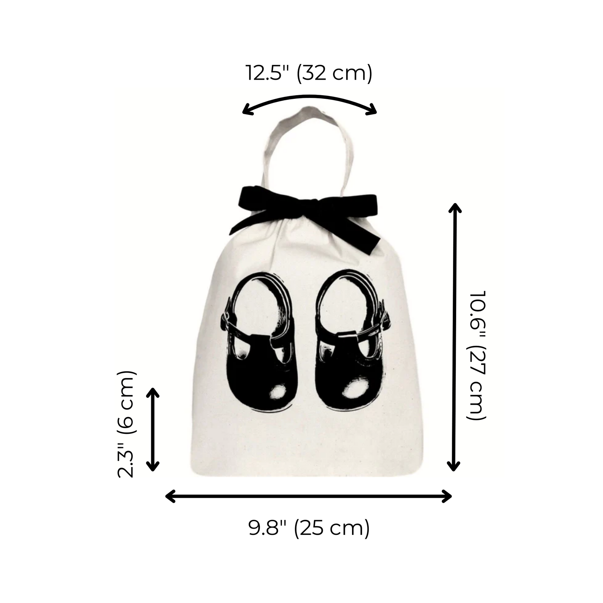 Bag-all Baby Shoe Bag in cream with black bow, featuring dimensions: 12.5’’ x 10.6’’ x 9.8’’. Perfect for storing baby shoes