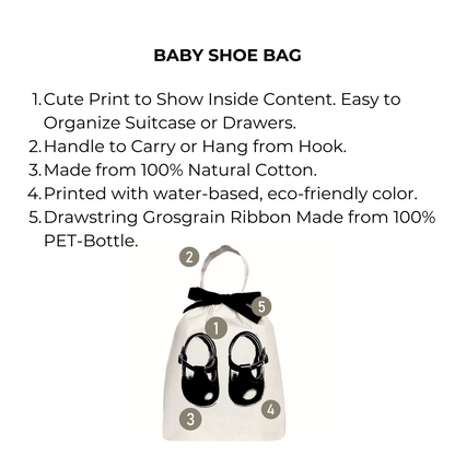 Bag-all Baby Shoe Bag in cream with black bow. Made from 100% cotton, eco-friendly print, grosgrain ribbon from recycled PET