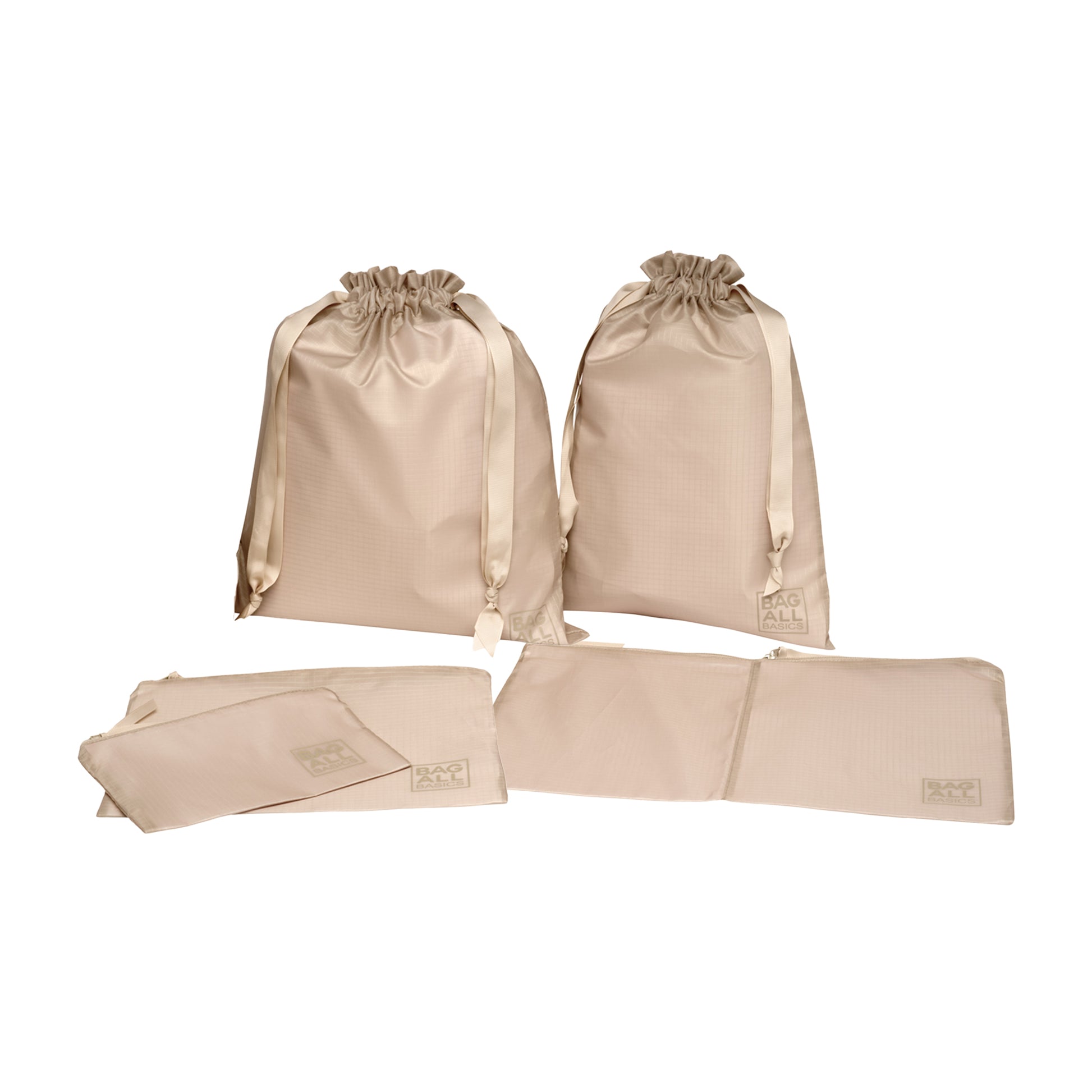 Bag-all Recycled Nylon Packing Bags Set in taupe featuring 5 organizer bags in varying sizes for travel and storage, made from eco-friendly repurposed plastic bottles