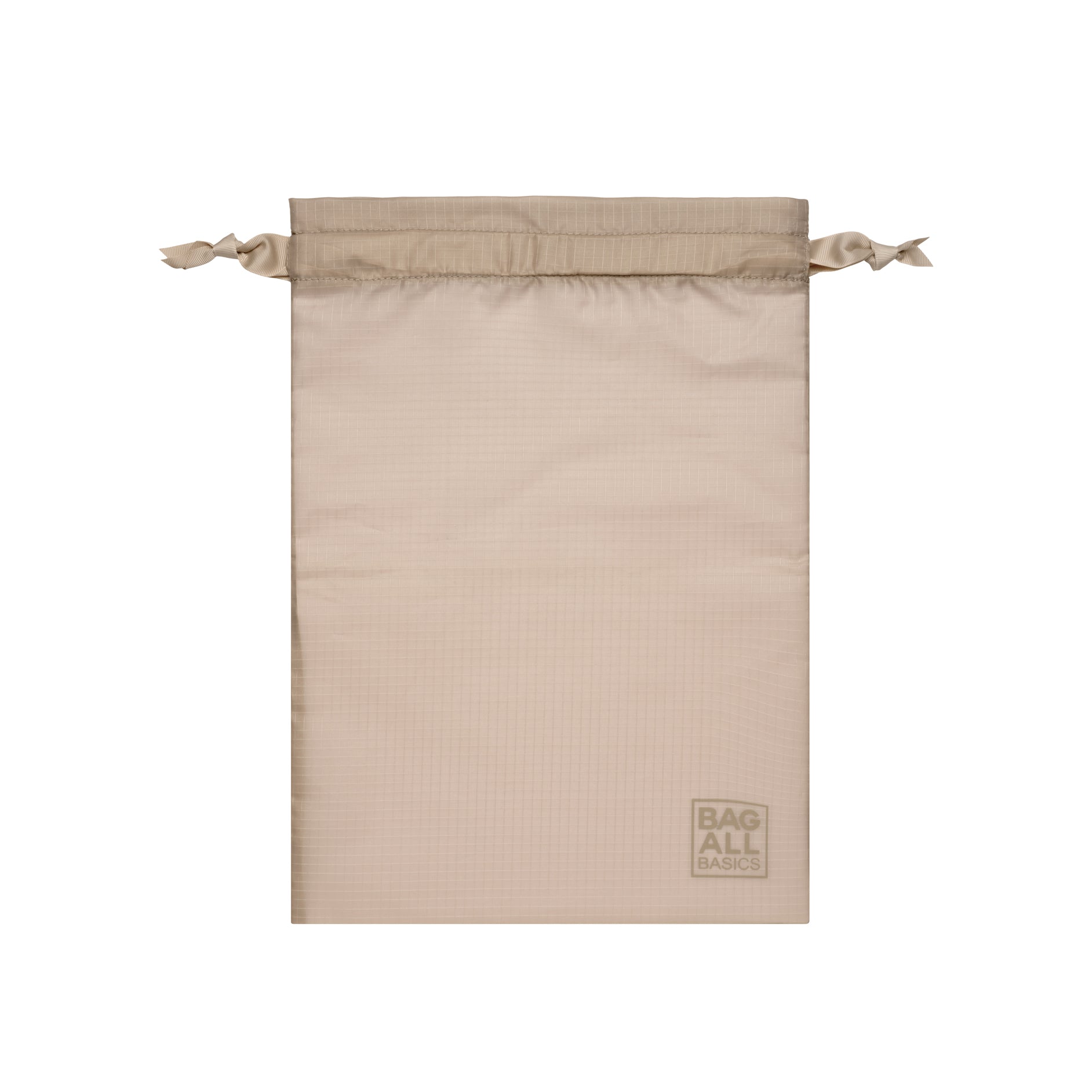 Bag-all recycled nylon packing bag in taupe with drawstring closure, featuring eco-friendly construction from repurposed plastic bottles and brand logo detail