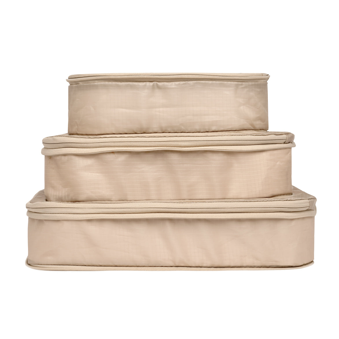 Bag-all recycled nylon compression packing cubes in taupe, stacked set of 3 eco-friendly travel organizers with reinforced micro-threads for durability and space-saving