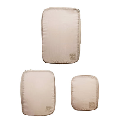 Bag-all recycled nylon compression packing cubes in taupe, set of 3 with reinforced micro threads, eco-friendly travel organizers in small, medium, and large sizes