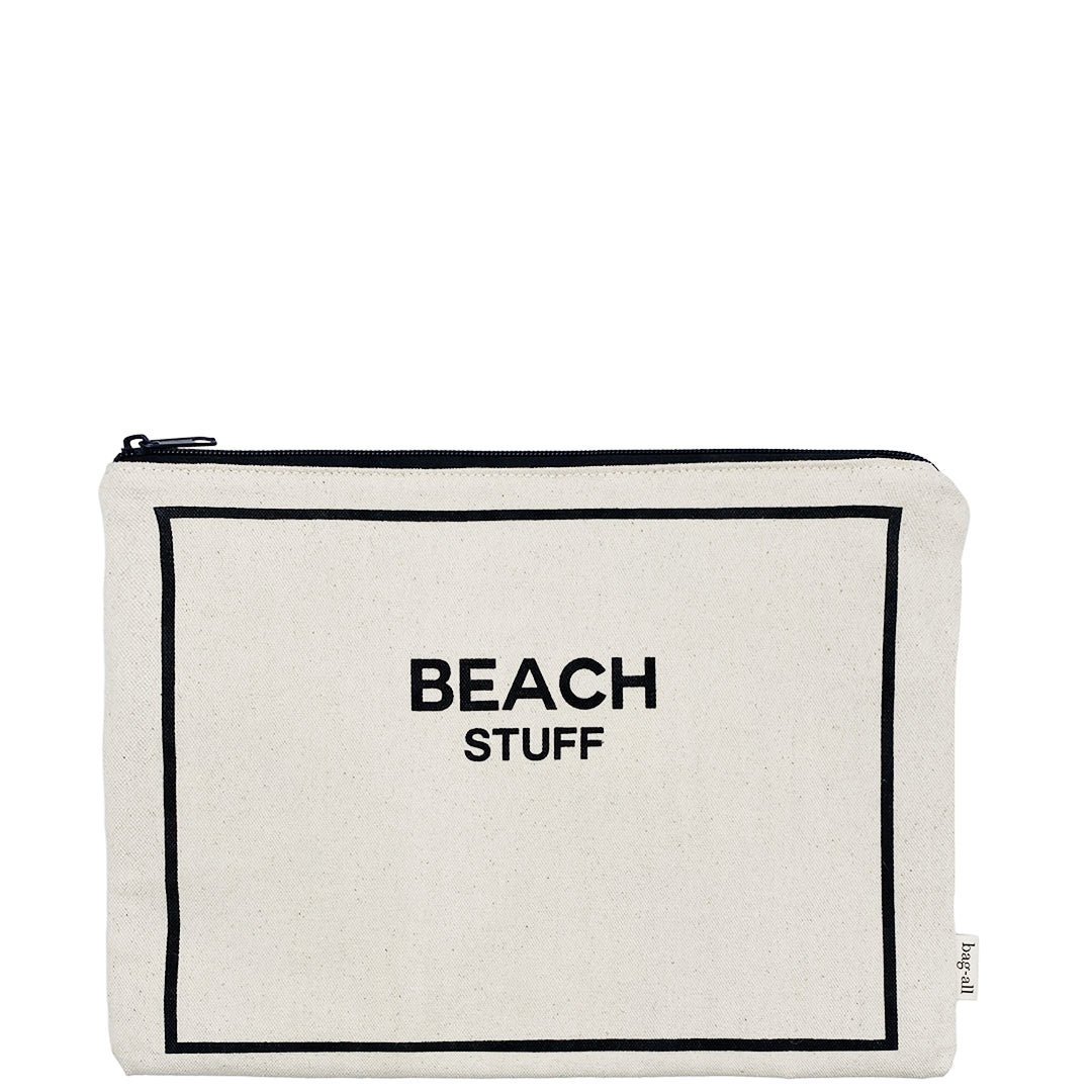 Bag-all Stylish Beach Essentials waterproof cotton pouch in cream with black border and 'BEACH STUFF' text, part of 3-pack monogrammable organizer set