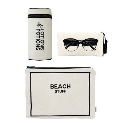 Bag-all Stylish Beach Essentials 3-pack in cream featuring waterproof pouch labeled 'Beach Stuff', sunglasses case with graphic print, and 'Lotions & Potions' container with black text on natural cotton