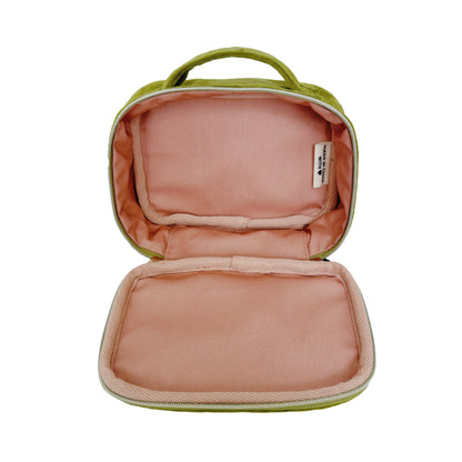 Bag-all Green Velvet Pill Box with Handle & Weekly Organizer featuring pink interior, zippered compartment, sustainable eco-friendly design for medication storage and travel