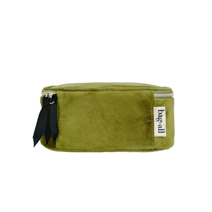 Bag-all Green Velvet Pill Box with Handle & Weekly Organizer - Eco-friendly rectangular velvet case with compartments for daily medication storage and convenient carry handle