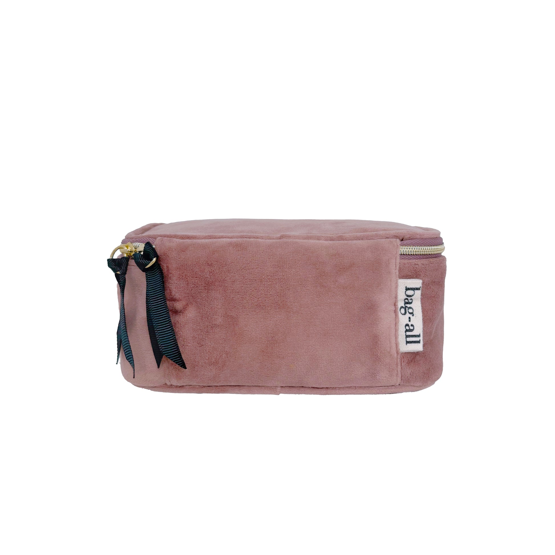 Bag-all Small Beauty Box in Pink Velvet - Compact cosmetic organizer with handle, made from sustainable vegan velvet, perfect for makeup and accessories storage