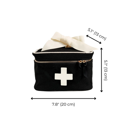 Bag-all Black First Aid Storage Box with white medical cross, cream ribbon, dual zippers, carrying handle - 7.8x5.1x5.1 inches compact medicine organizer