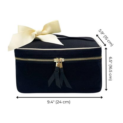 Bag-all Medium Box Makeup & Toiletry in black cotton with cream bow, gold zipper, and measurements 9.4" x 6.5" x 5.9" - perfect for organizing cosmetics and travel essentials