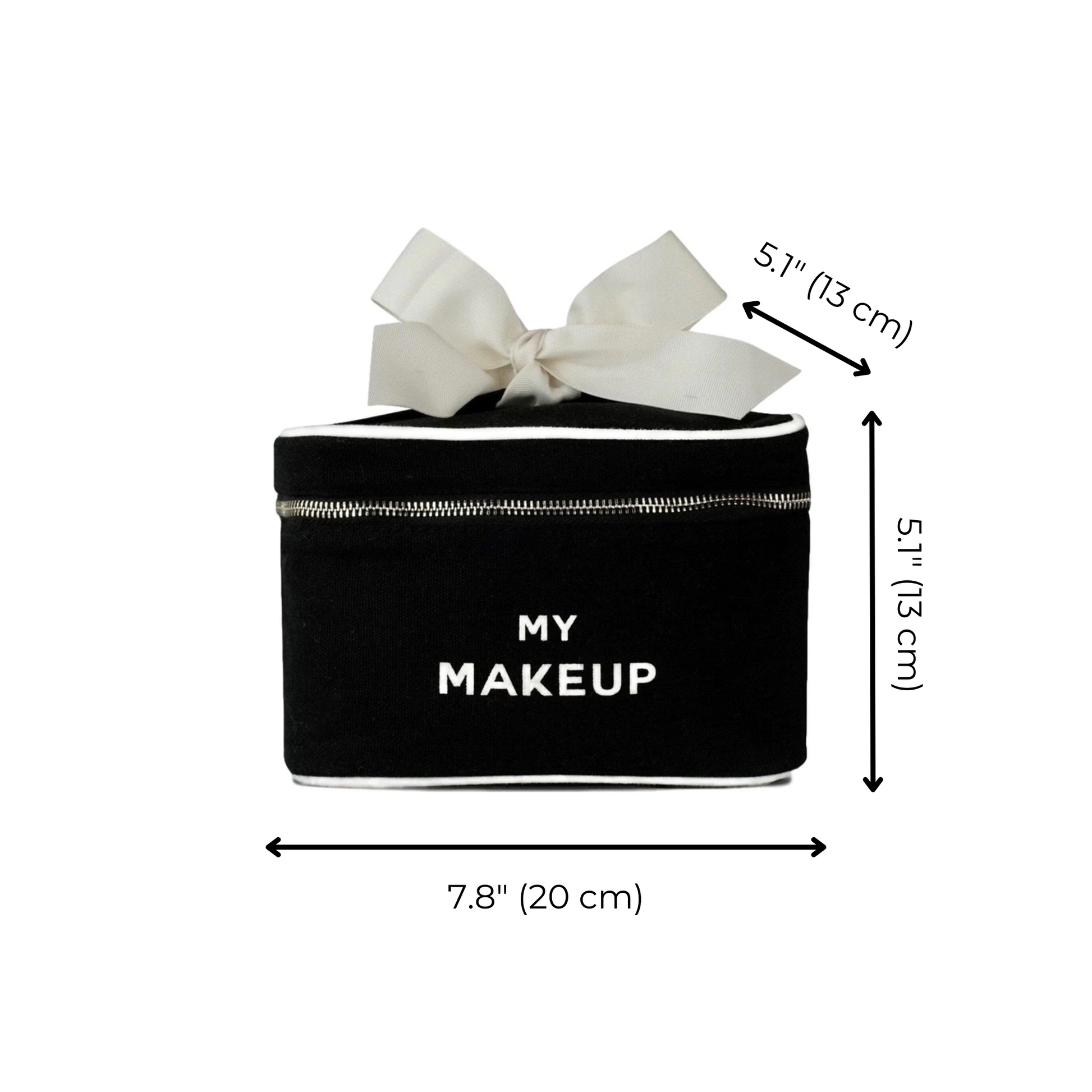 Bag-all My Makeup Cosmetic Box in black canvas with white bow and zipper closure, featuring waterproof interior and compact square design for organized beauty storage