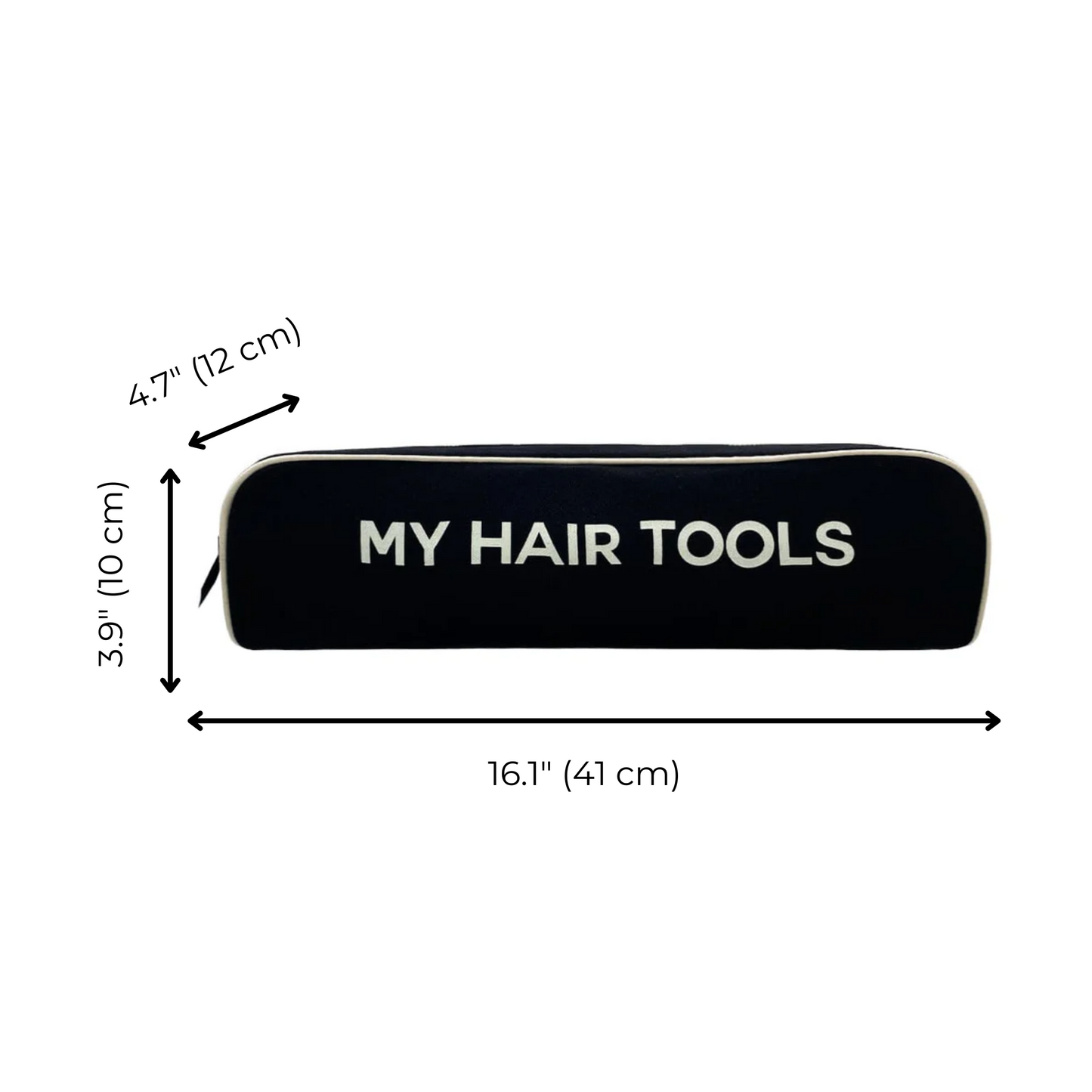 Bag-all Roomy Hair Wrap Tools Travel Case in black with dimensions 16.1" x 3.9" x 4.7", featuring "MY HAIR TOOLS" text and durable construction for Dyson Airwrap storage