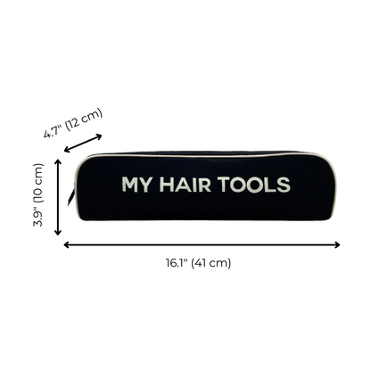 Bag-all Roomy Hair Wrap Tools Travel Case in black with dimensions 16.1" x 3.9" x 4.7", featuring "MY HAIR TOOLS" text and durable construction for Dyson Airwrap storage