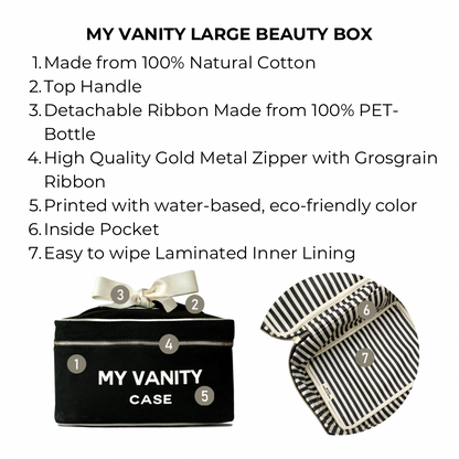 Bag-all My Vanity Large Beauty Box in black cotton with striped waterproof lining, gold zipper, and removable eco-friendly ribbon handle - perfect for organizing cosmetics and toiletries