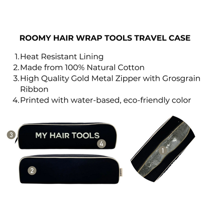 Bag-all Roomy Hair Wrap Tools Travel Case in black with heat-resistant lining, gold zipper, and eco-friendly cotton material, perfect for Dyson Airwrap and styling tools storage