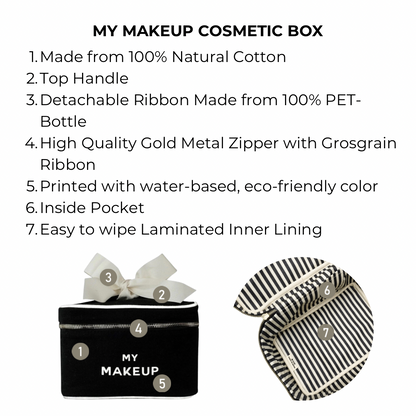 Bag-all My Makeup Cosmetic Box in black cotton featuring gold zipper, detachable bow, striped interior lining, and waterproof pocket for organized beauty storage