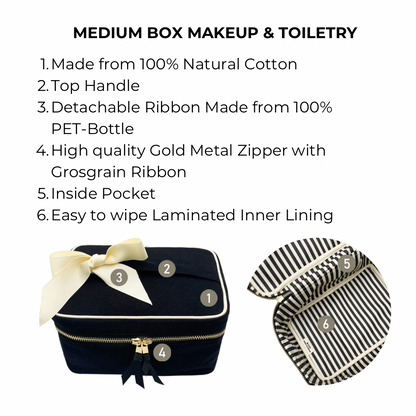 Bag-all Medium Box Makeup & Toiletry in black cotton with gold zipper, detachable ribbon, striped inner lining, ideal for organizing cosmetics and travel essentials