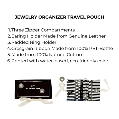 Bag-all black Jewelry Organizer Travel Pouch featuring three zippered compartments, genuine leather earring holder, padded ring section, eco-friendly cotton construction with striped design