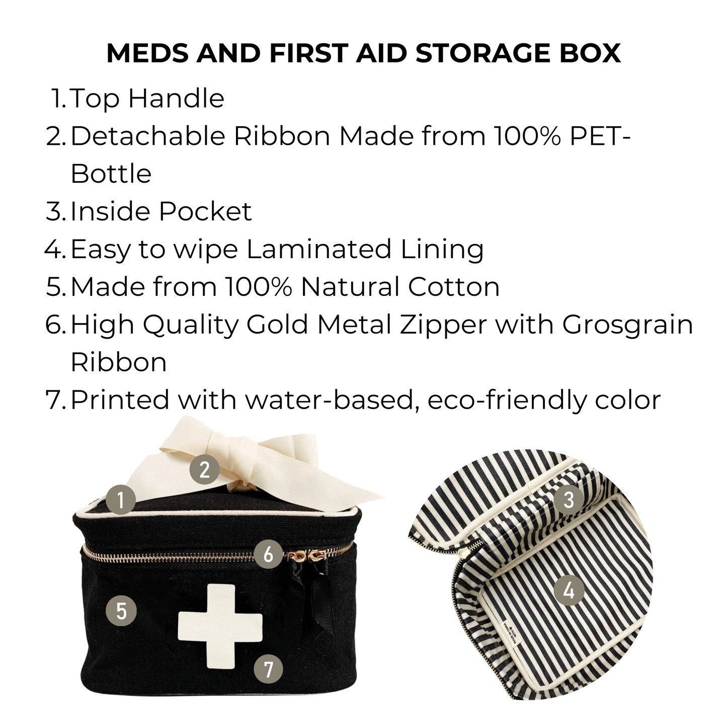 Bag-all Meds and First Aid Storage Box in black cotton with white cross print, featuring gold zipper, handle, removable ribbon and eco-friendly striped lining for organized medical storage